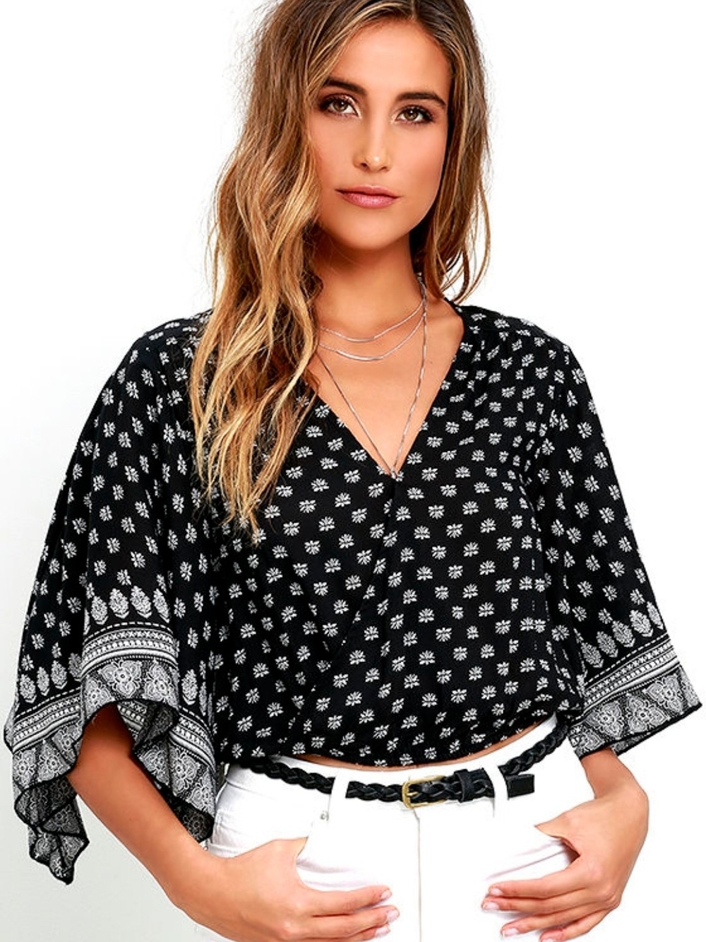 Amuse Society Janae Woven Crop Top Size M Boho Surplice Kimono Sleeve Black